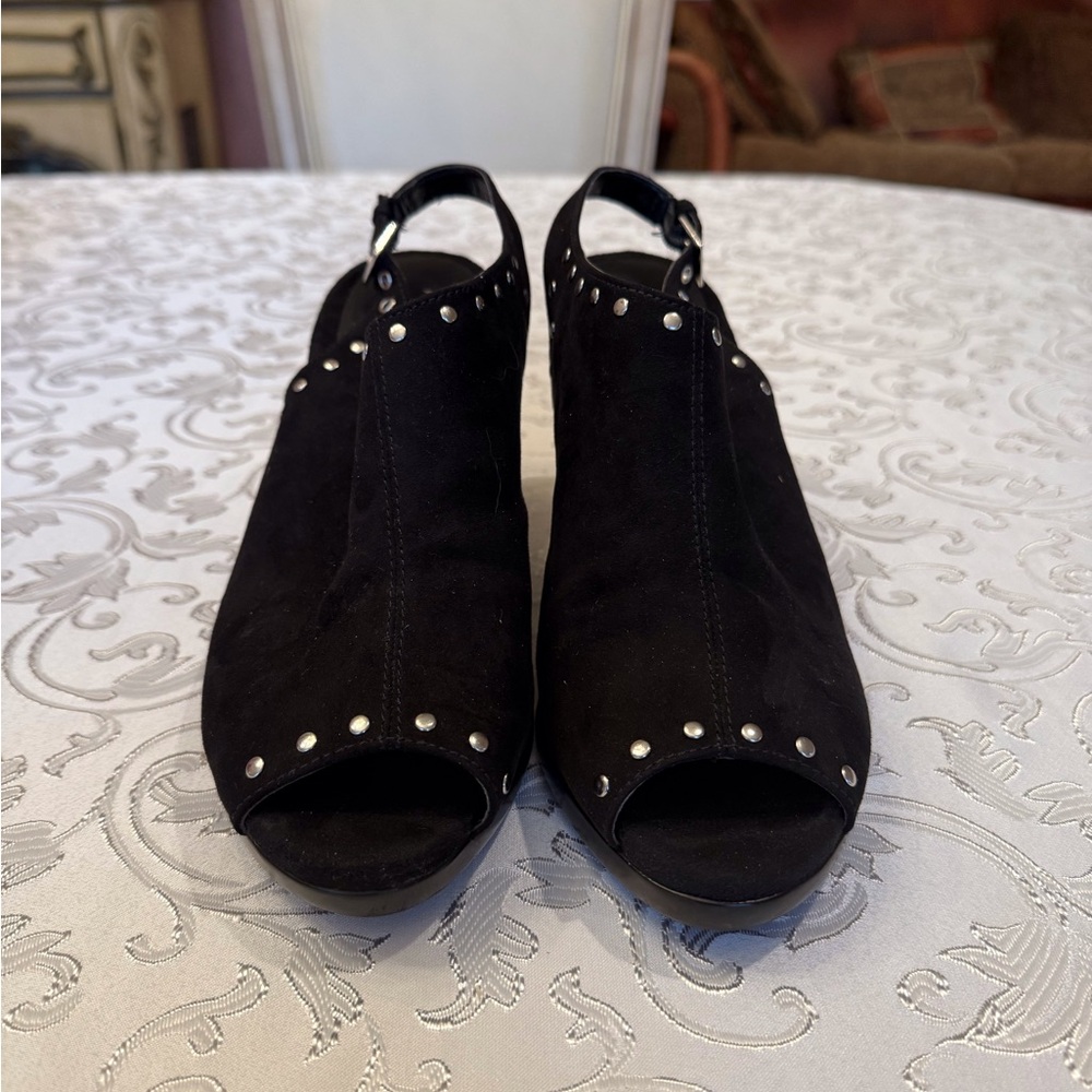 AEROSOLES Black Peep-Toe Heels with Stud Accents